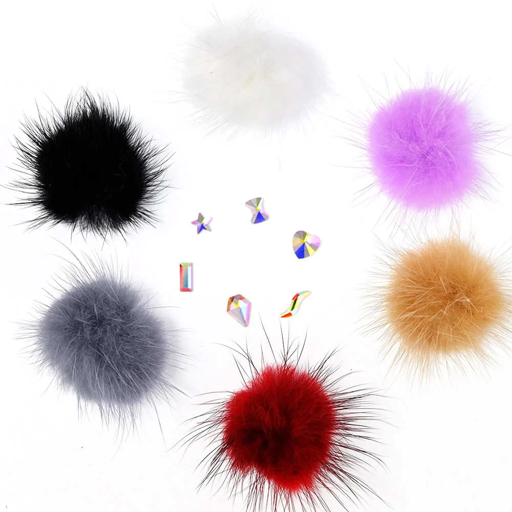 1 Box Nail Pompoms(18pcs) Colorful Fluffy Fur Balls 27*27mm 150pcs 6 Shapes AB Crystal Rhinestones Set Nail Art Decorations K#54