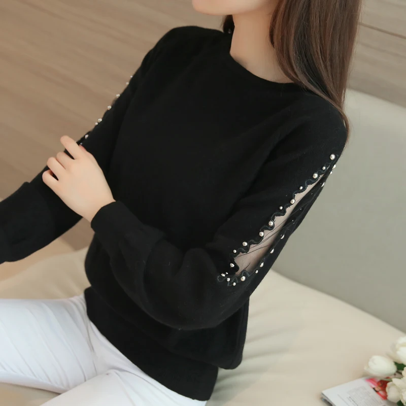 

OHCLOTHING 2021 autumn winter sweater hedging all-match loose sweaters female short lace beading shirt solid