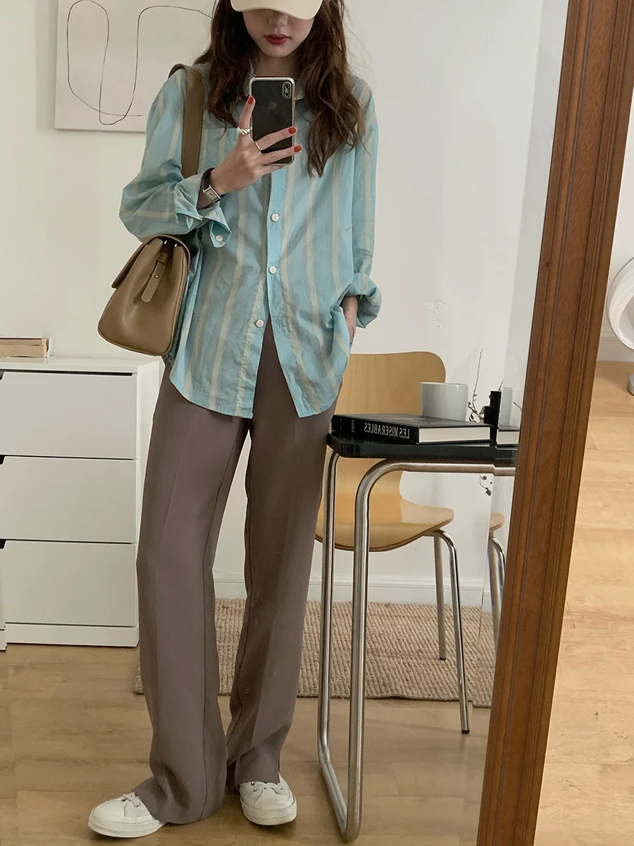 Черные темпераментные брюки женские вертикальные прямые с высокой талией костюм