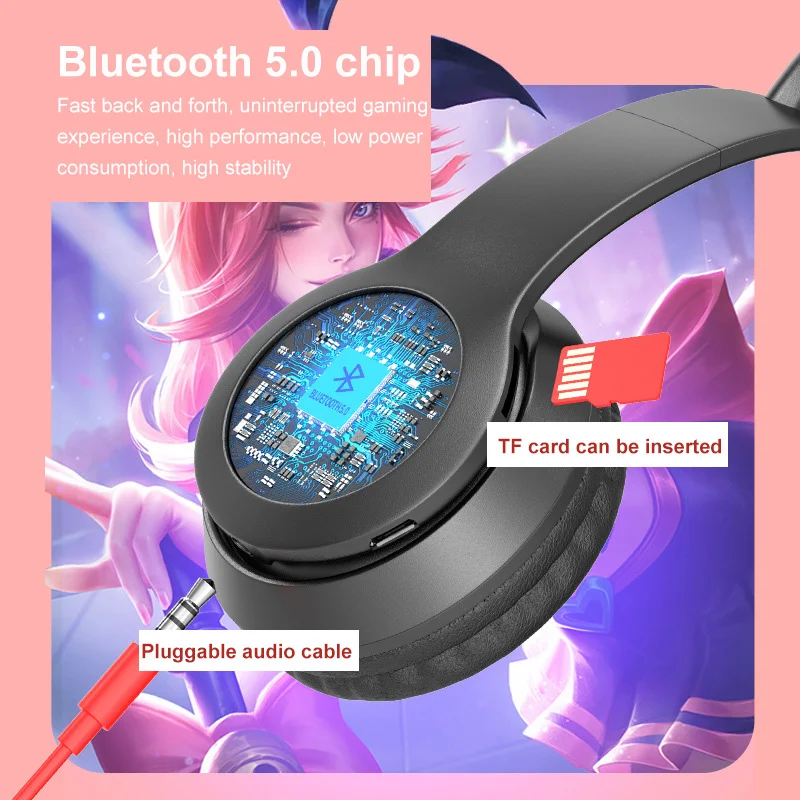 Беспроводные Bluetooth наушники с милой подсветкой кошачьи ушки микрофоном