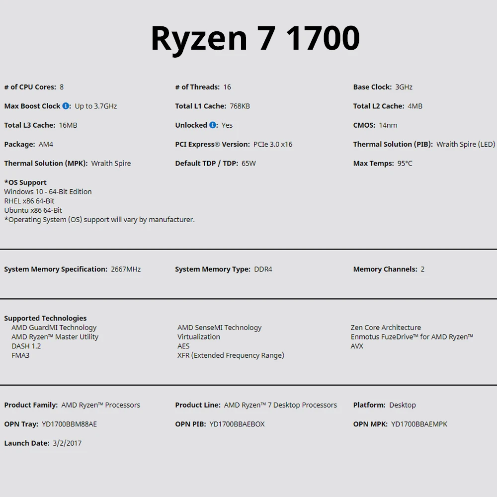 Процессор AMD ryzen 7 1700 cpu 3 0 GHz Восьмиядерный 16 Thread 65W TDP procesdor Socket AM4 Настольный пакет с