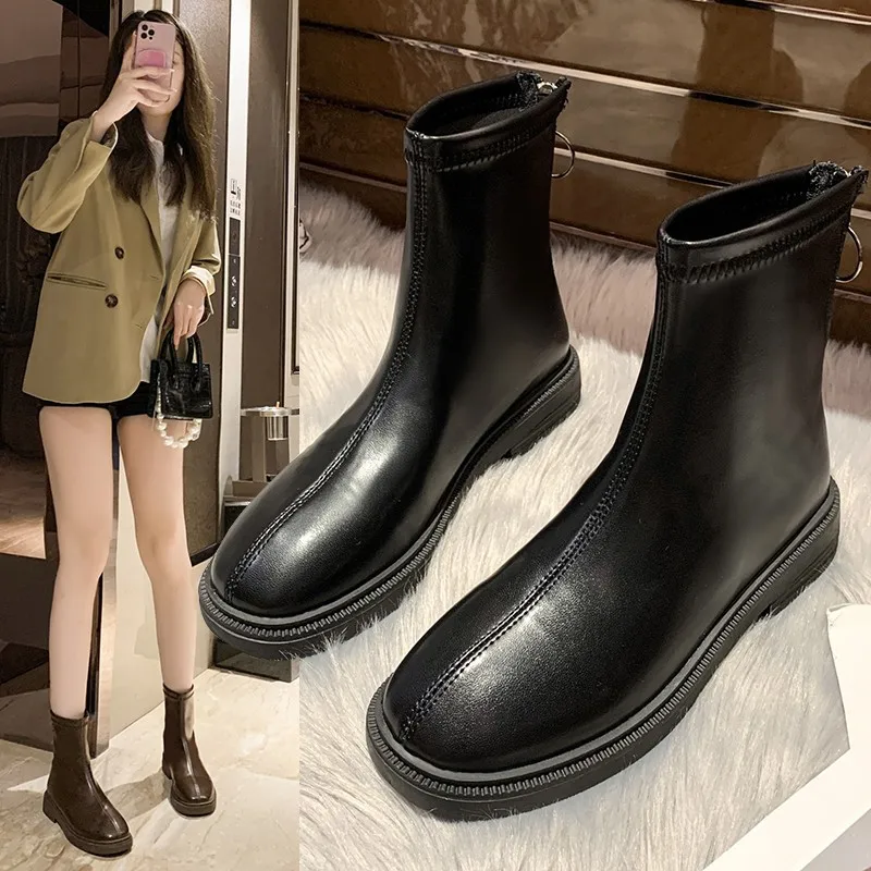 

Женские ботинки на низком каблуке, базовые сапоги из искусственной кожи, без каблука, со скошенным швом, базовая обувь на плоской подошве