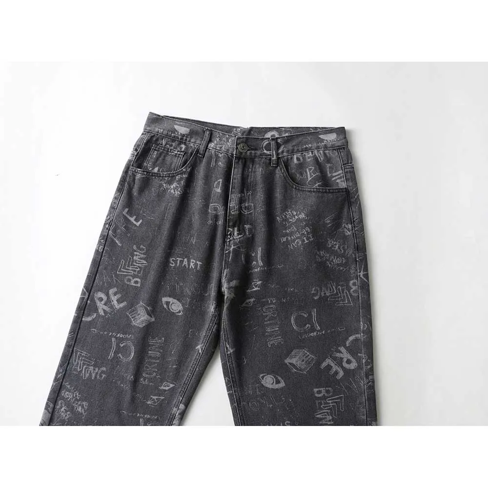 Fashion Printed Cargo Jeans Men's Casual Pants Straight Loose Baggy Skateboard Wide Leg Denim Hiphop Harem Clothing Plus Size