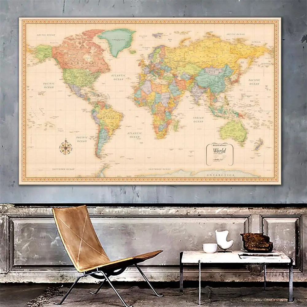

Large World Map Non-woven World Travel Spray Map Classic World Map Wall Sticker without Flag for Home Office Decoration