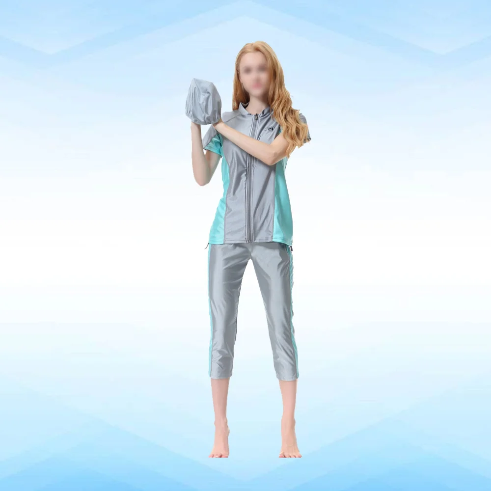 

Muslim Women Swimsuit Traditional Swimwear Swimming Beachwear Swim Cap Pant Kit for Women Ladies (Grey,)