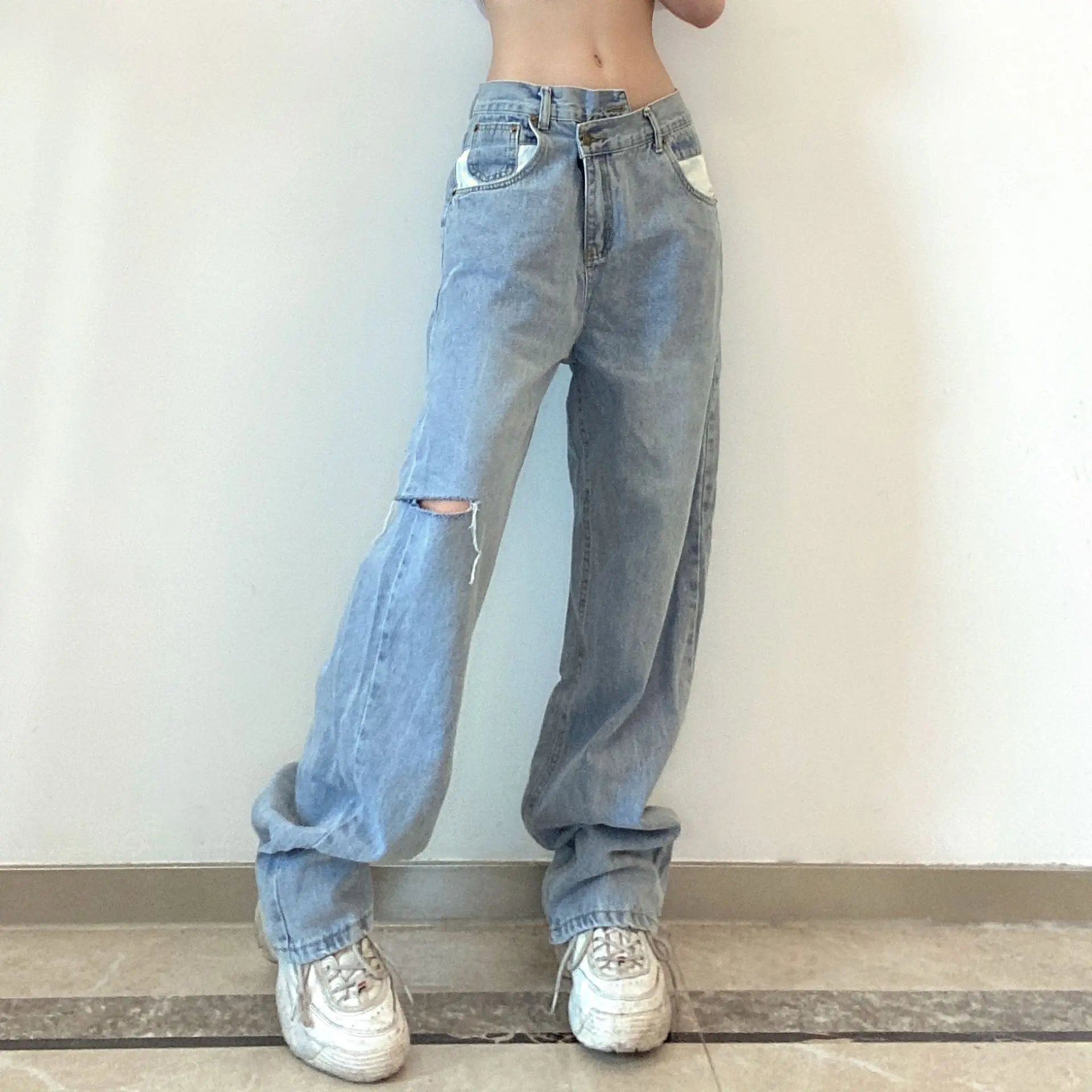 

Женские джинсы с широкими штанинами, модные Нестандартные Свободные прямые джинсовые брюки с высокой талией и рваными дырками