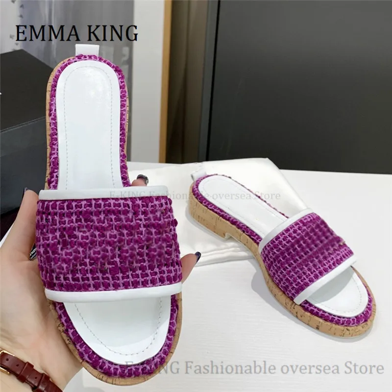 

2021 Summer Women Slippers Fabric Weave Flats Sandals Sexy Open Toe Runway Gladiator Sandals Outdoor Casual Holiday Beach Shoes