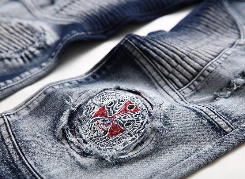 

European American nostalgic straight tube locomotive jeans men's elastic hole Badge Original personalized men's fashion pants