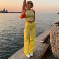 2021 style ladies retro drape straight street wide leg patchwork summer yellow jeans for women high waist color jeans y2k suit