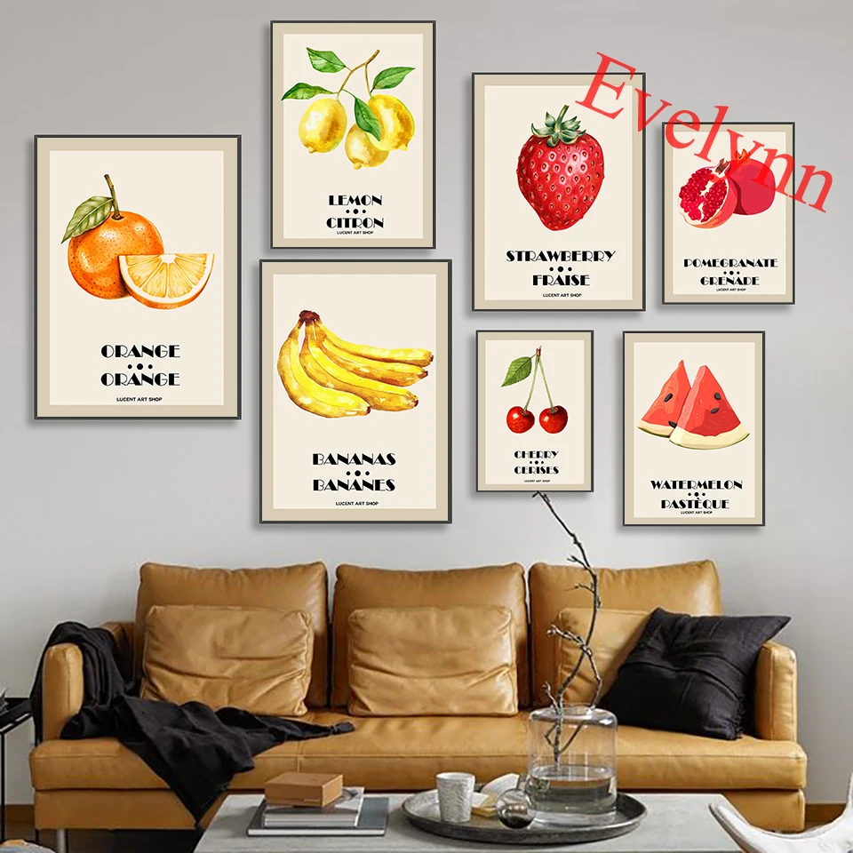 

Fruit Market Poster Lemon Watermelon Pomegranate Cherry Strawberry Banana Orange Living Room Kitchen Decor Canvas Wall Art Print