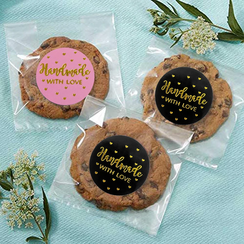 

gold foil Pink handmade with love stickers For business Order Stiker Thanks For Shopping Small Shop Handmade Stiker Kraft Labels
