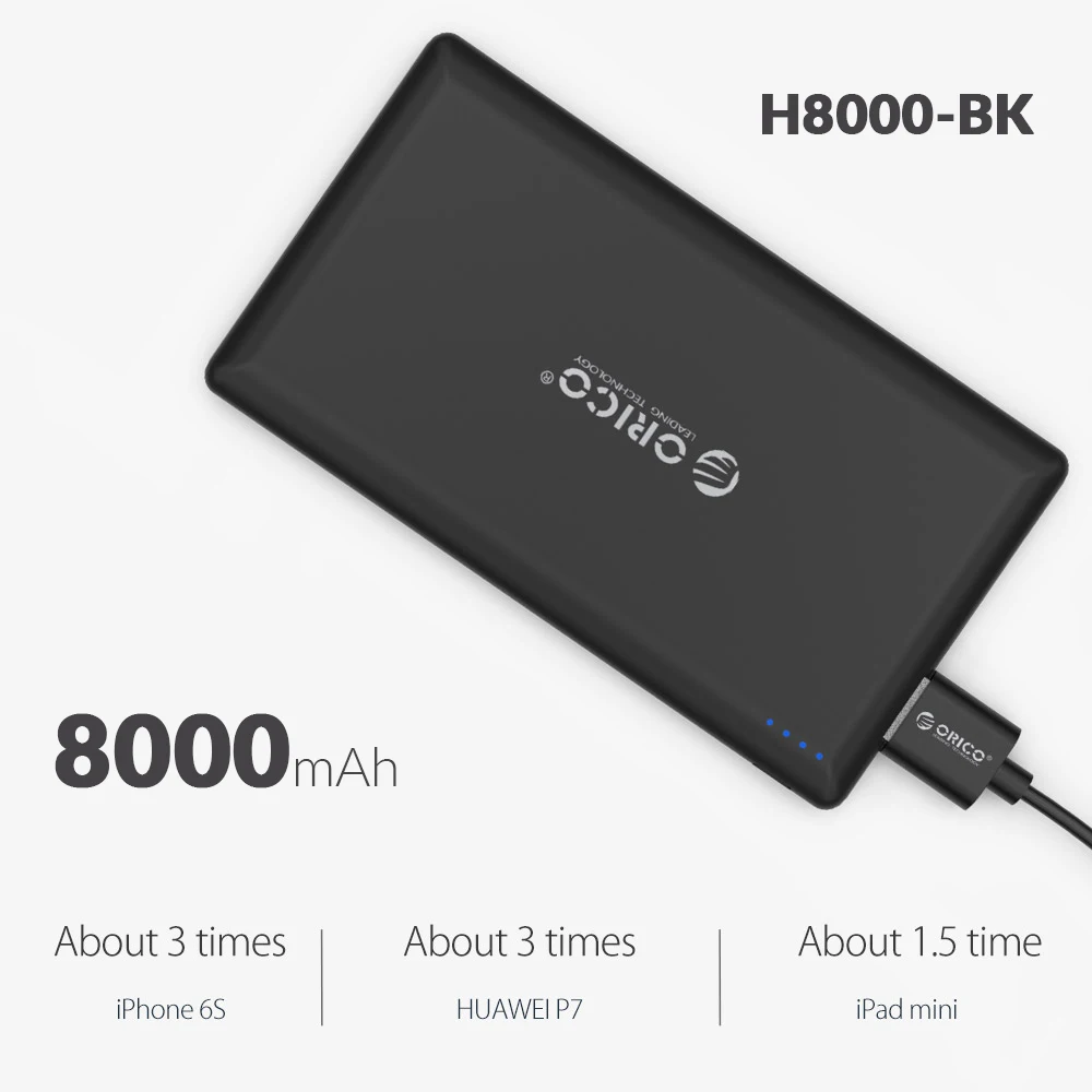 ORICO 8000 мАч тонкий внешний аккумулятор тонкое внешнее зарядное usb-устройство для аккумулятора для iphone samsung Xiaomi huawei смартфон - Цвет: H8000-BK