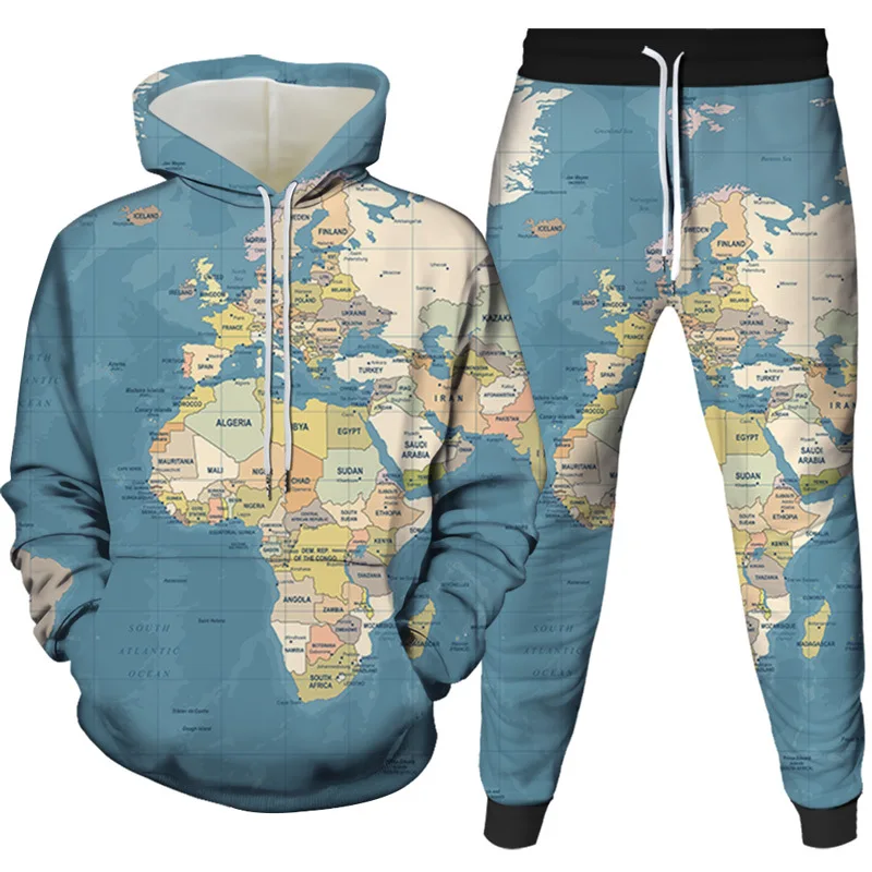 

2021 Autumn and Winter Sportswear 3D World Map Printing Hoodie Pants Suit Digital Printing Streetwear Fashion Suit Plus Size