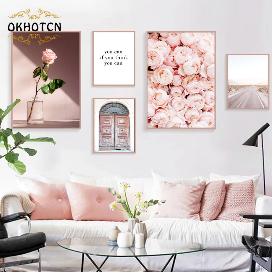 

Nordic Poster Wall Art Canvas Painting Rose Flower Walkway Building Door Posters and Prints Wall Pictures for Living Room Decor