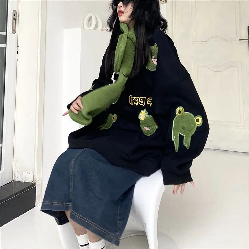 

QWEEK Frog Crewneck Sweatshirt Harajuku Long Sleeve Hoodie Women Oversized Streetwear Autumn Winter 2021 Loose Vintage Pullover