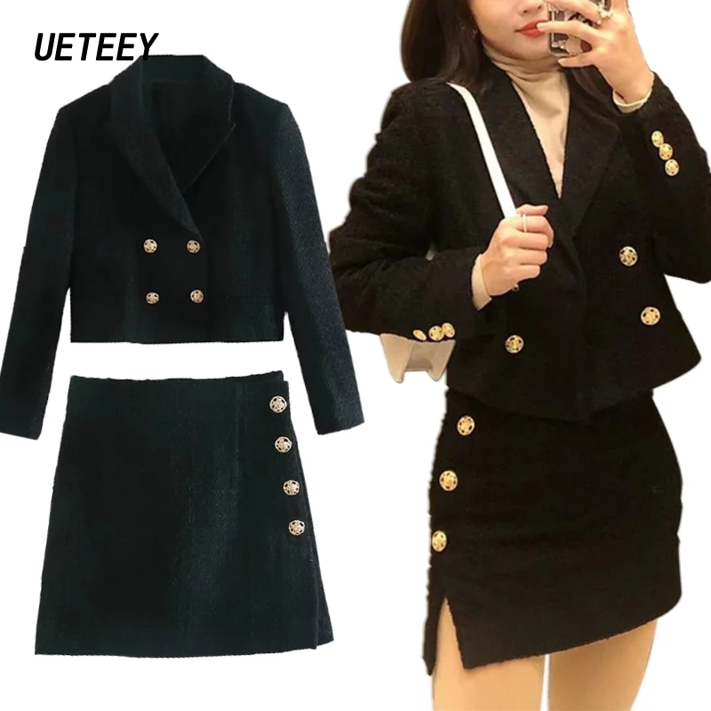 

Za Womem's Blazers Sets Office Formal Blazer Two Pieces Jacket Suits Femme Cropped Black Coats Long Sleeve trf Faldas Mujer Moda