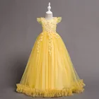 X089, Детские Платья с цветочным дизайном для девочек, праздничные платья для церемонии, Элегантное Длинное Пышное Платье для девочек, желтое платье для выпускного вечера