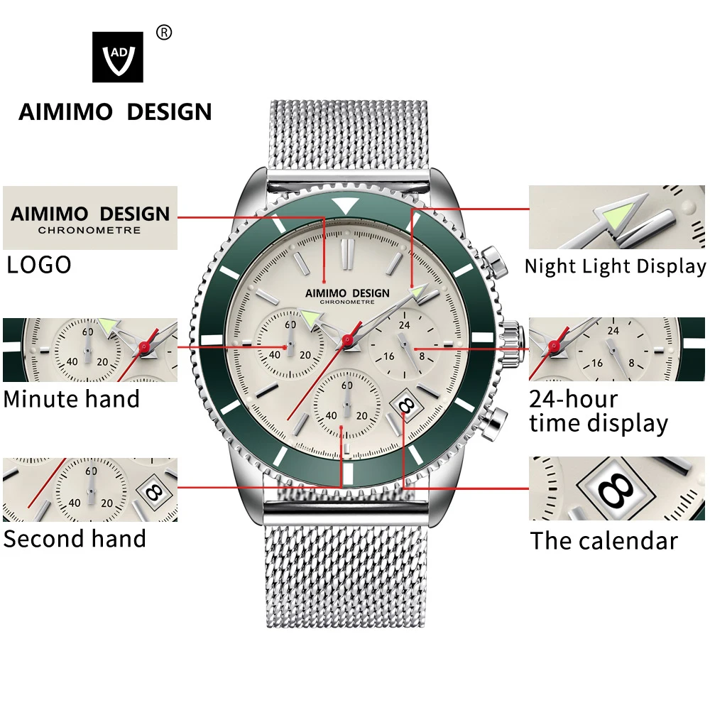 Men Panda Watches Automatic Date Chronograph Stop Quartz Calendar Luminous Men`s Watch 42mm Dial 3ATM Relogio Masculino | Наручные часы