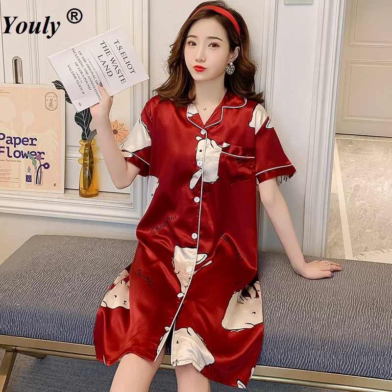 Women Loose Nightgowns Satin Sleepwear Nightshirts Long Sleeve Silk Casual Night Dress Summer Home Clothing Home Dress