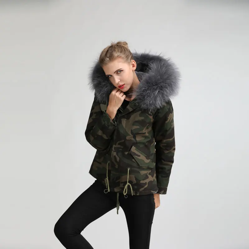 Женская камуфляжная куртка из натурального меха кролика с мехом енота | одежда