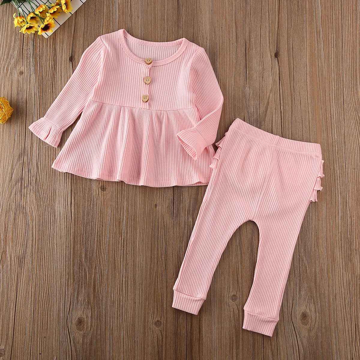 Infant Kids Baby Girl Boys Clothes Sets Solid Long Sleeve Knitted Tops Dress+Ruffle Leggings Pants Outfits | Детская одежда и