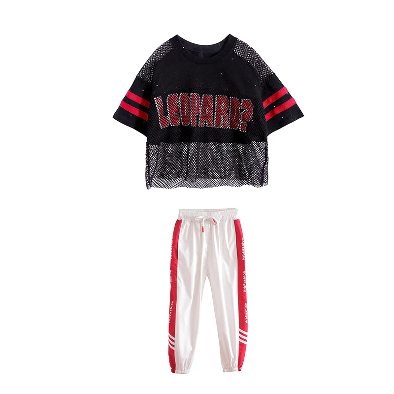 

Kids Hiphop Dance Costume Roupas Black Net Tops White Trouser Ropa Hip Hop Clothes Girls Street Wear Sets Jazz Costume BL2021
