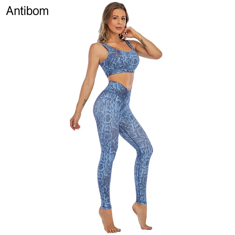 

Antibom Yoga Women Sets Fitness Sportswear High Waist Stretchy Leggings Sexy Crop Top Jog Gym Workout Bra Printing Sports Suit