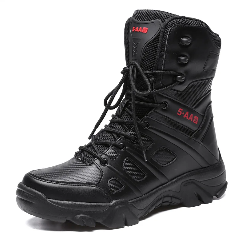 Черный Boots Men Boots Leather Ankle Lace up Military boots Outdoor work Light fashion Moto Black Boots - Цвет: Черный