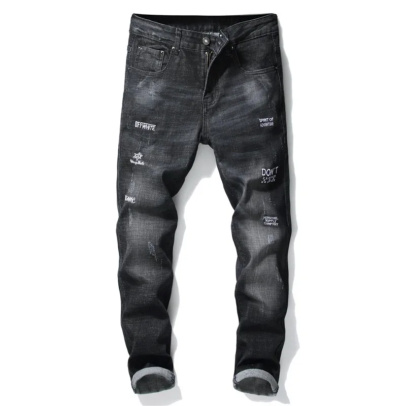 

CNUUIKOOEK Men's New Style Embroidered Letters Cotton Elastic Slim Fit Black Jeans