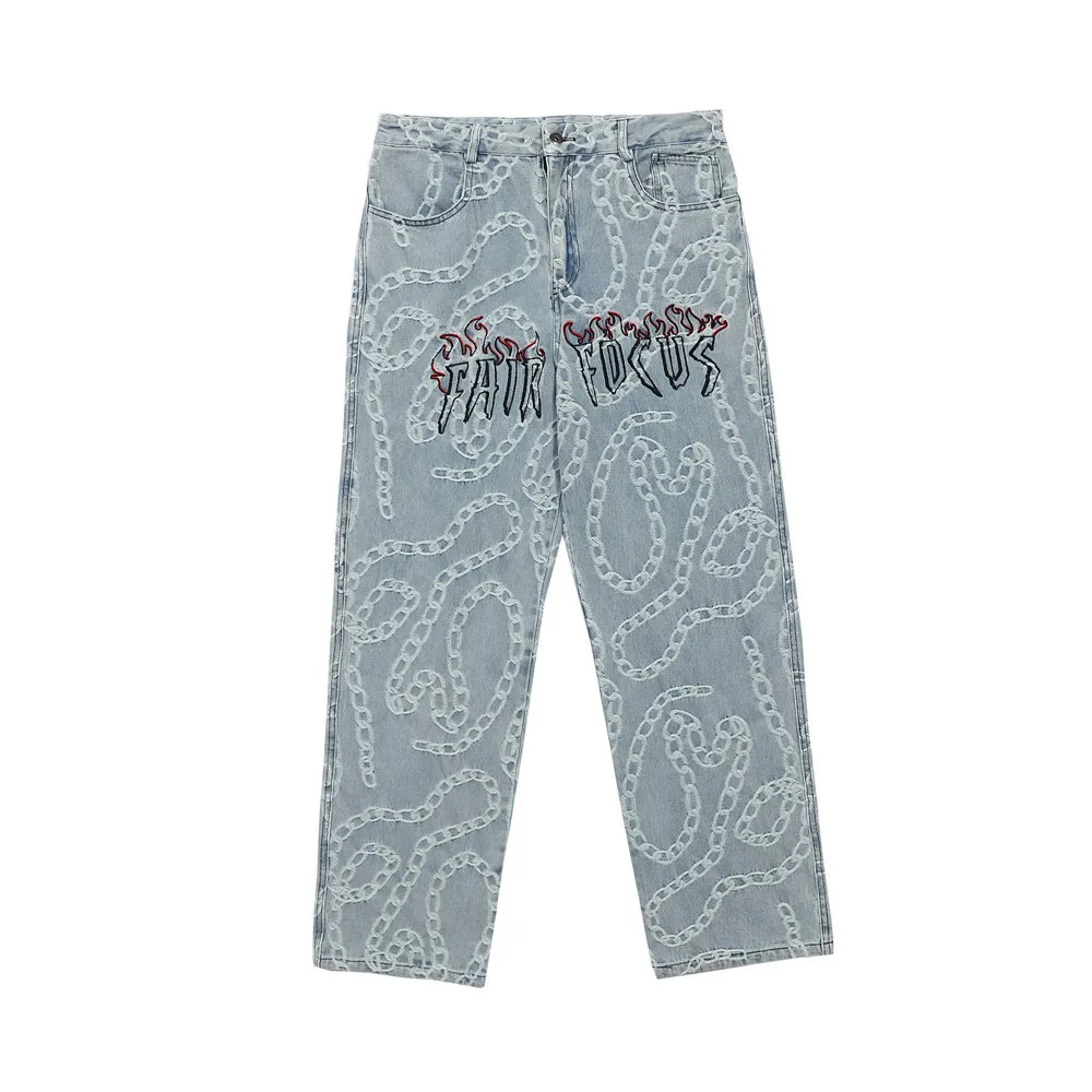 2021 Stylish Chain Jacquard Hip Hop Straight Men Baggy Jeans Trousers Dark Academia Style Casual Vintage Denim Pants Pantalones