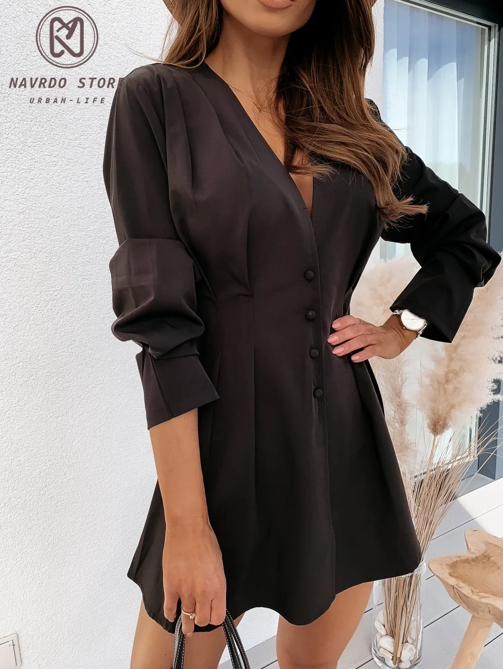 

Elegant Sexy V-neck Solid Autumn Dress women Casual Button Long Sleeve Short Mini Dress A-line Office Ladies Dresses 2021