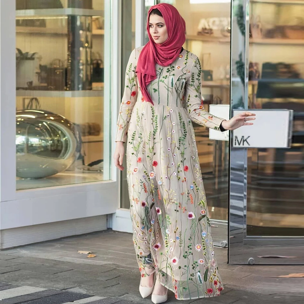 Siskakia Calssy Сетчатое длинное платье с цветочной вышивкой круглым вырезом длинным