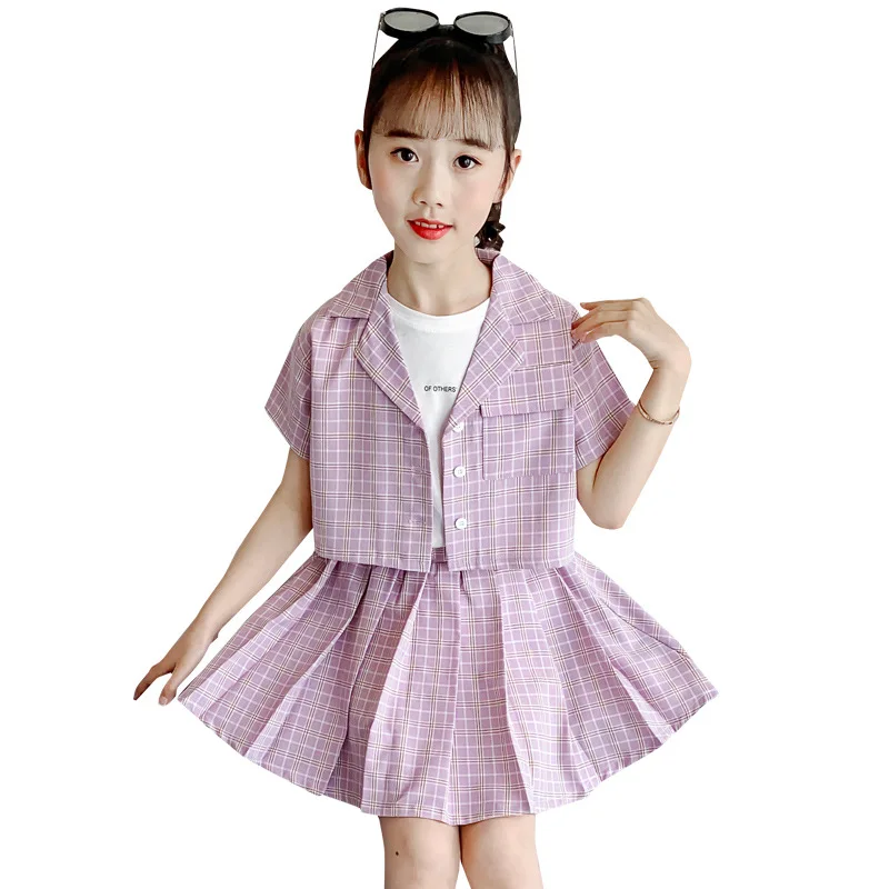 

Children Plaid Suit For Teenage Girl Short Sleeve Blazer And Skirts Two Piece Girl Sets Casual Summer Kids Clothes Girls Outfits