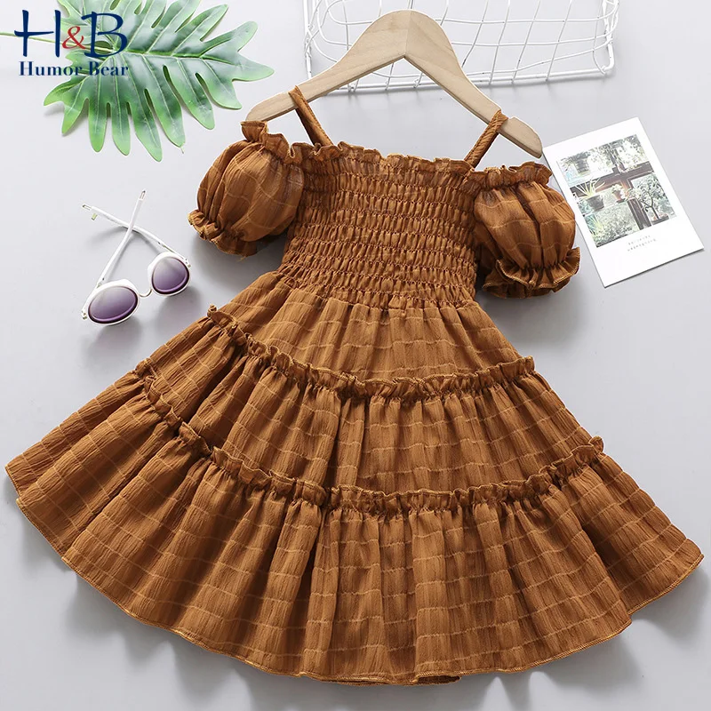 

Humor Bear Korean Girls Dress New Summer Off-Shoulder Solid Color Printed Priness Party Dress Toddler Kids Clothes