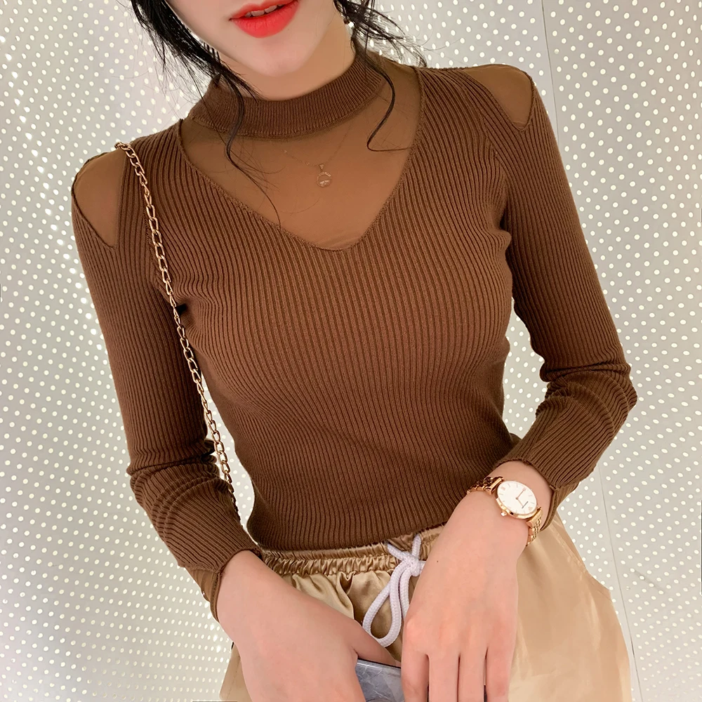 Сетчатые прозрачные женские вязаные свитера-пуловеры с открытыми плечами