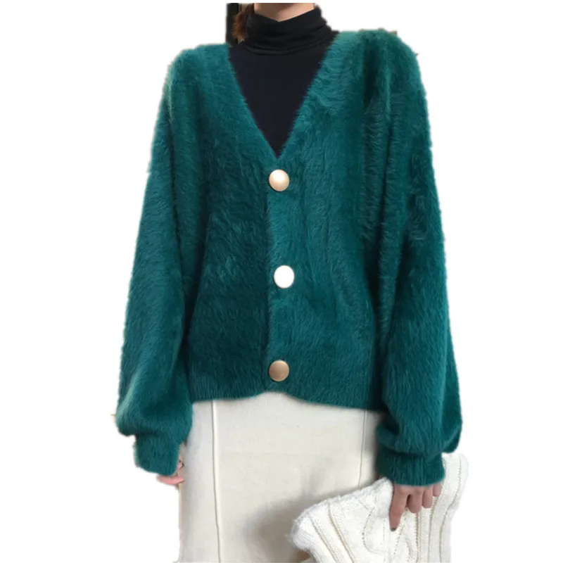 Cardigan Solid Color Button Loose Hot Sweater Autumn Warm Winter New Puff Sleeve Female v-neck Sweaters Vestidos LXJ772 |