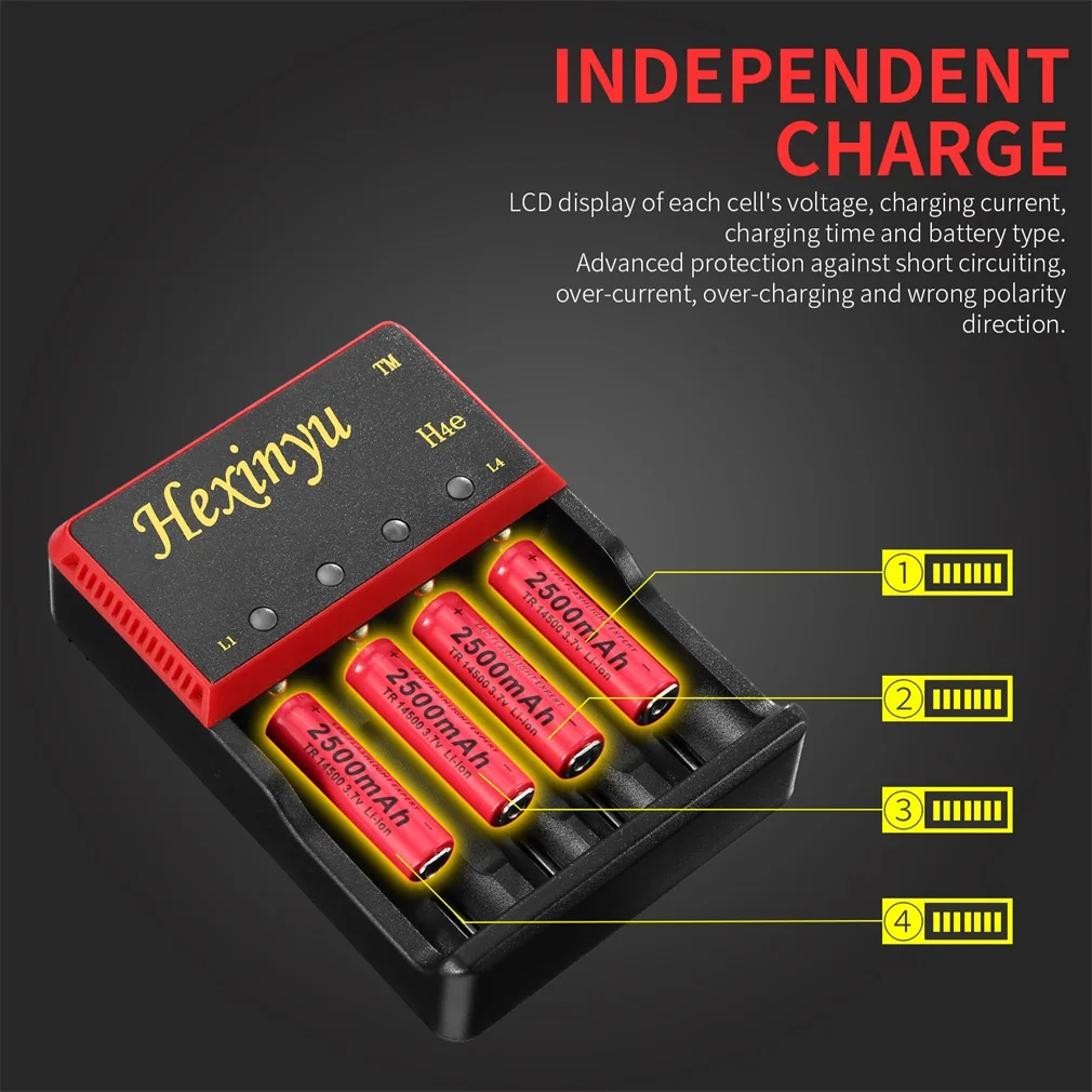HXY-H4e Digital LCD Display Battery Charger Advanced Protection Batteries FOR 26650/18650/18490/17335/16340/10440 | Электроника