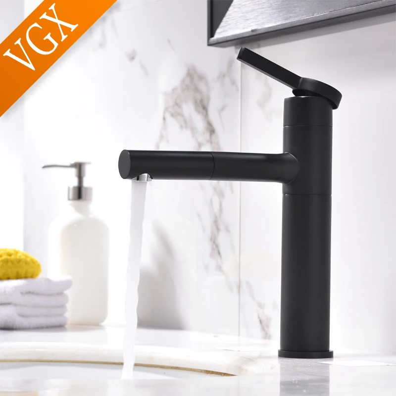 

VGX Bathroom Sink Faucet Crane with Pull Out Sprayer 360 Rotation Spout Tall Basin Mixer Tap Hot&Cold Water Taps Matte Black