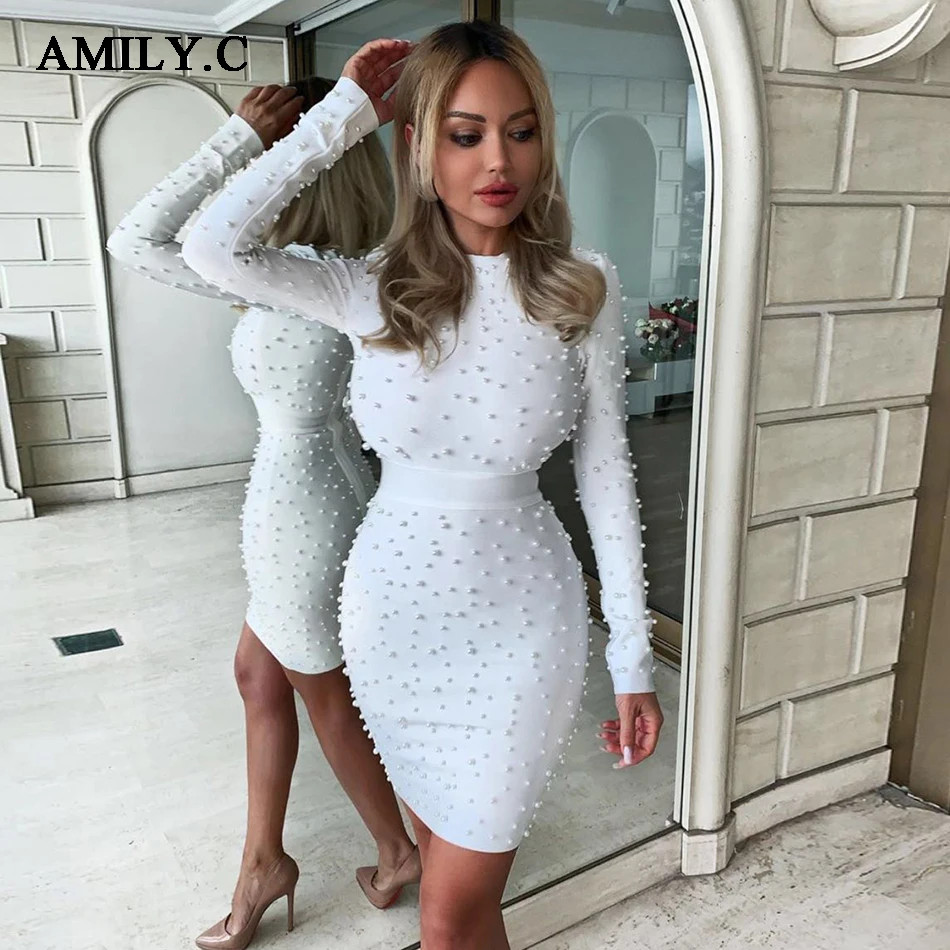 Женское облегающее платье Amily.c 2020 Белое Облегающее с длинными рукавами и круглым