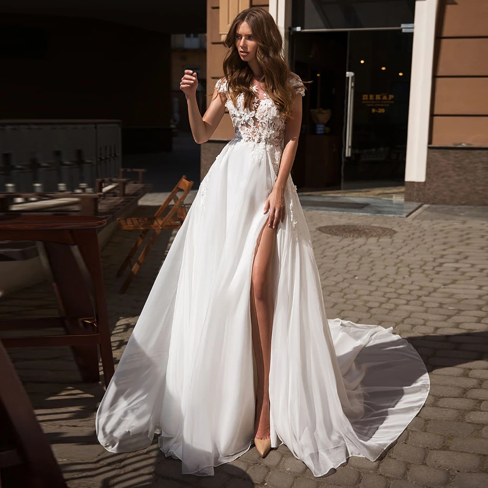 

Женское шифоновое свадебное платье, белое простое платье с высоким разрезом, в пол, с открытой спиной, трапециевидной формы, для невесты