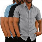 Мужская рубашка на пуговицах, летняя Однотонная рубашка 2021 с отворотом и короткими рукавами, из смеси льна, Японская уличная одежда