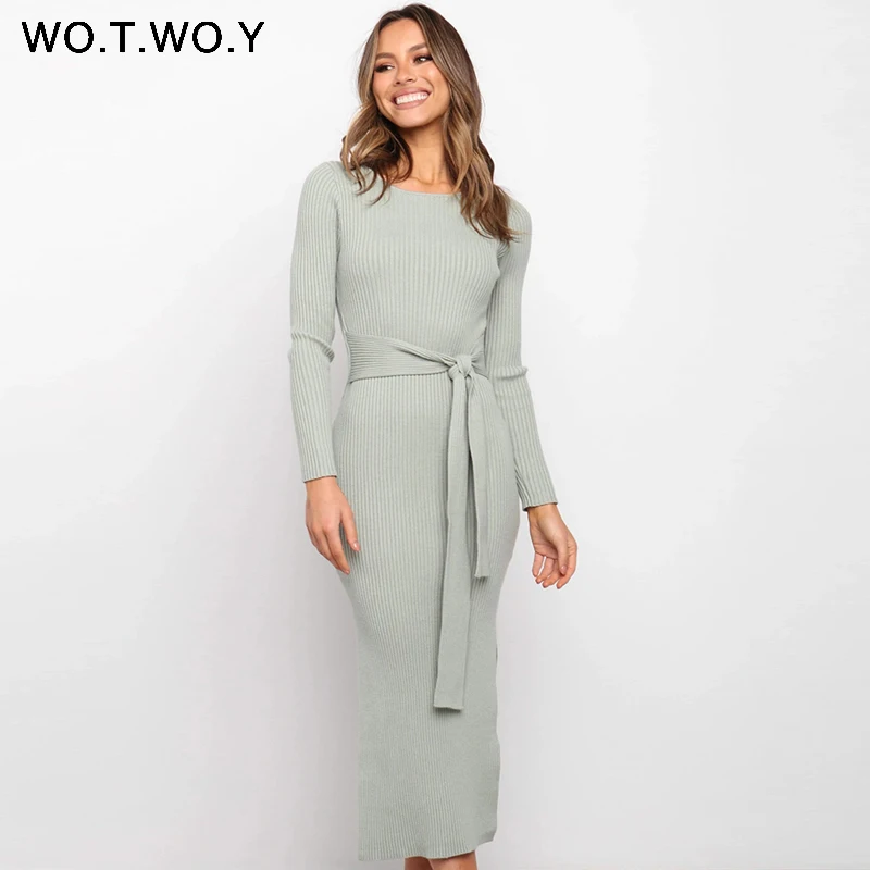 Женское трикотажное платье WOTWOY однотонное облегающее шерстяное платье-футляр с