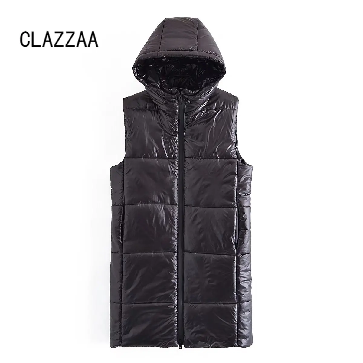 

Clazzaa Women Fashion Faux Leather Front Zipper Vest Vintage Hooded Collar Sleeveless Jacket Casual Chic Winter Warm Outfits