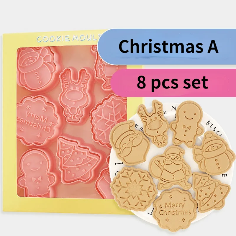 

8-pcs Set of Christmas Cartoon Biscuit Mold Household Diy Baking Tools 3d Press Fondant Biscuit Mold