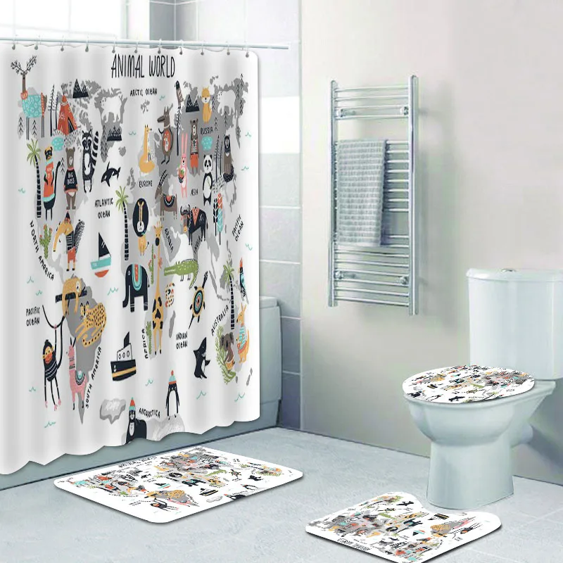 Скандинавская карта мира с животными занавеска для душа и коврик ванной