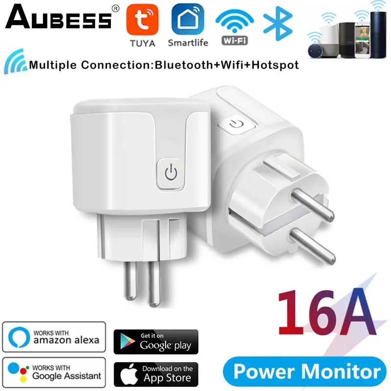 

Aubess Tuya WiFi EU Smart Plug 16A 220V Adapter Wireless Remote Voice Control Power Monitor Timer Socket For Google Home Alexa
