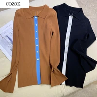 2021 new women fashion long sleeved sexy pit strip texture stitching contrast color slim knit cardigan