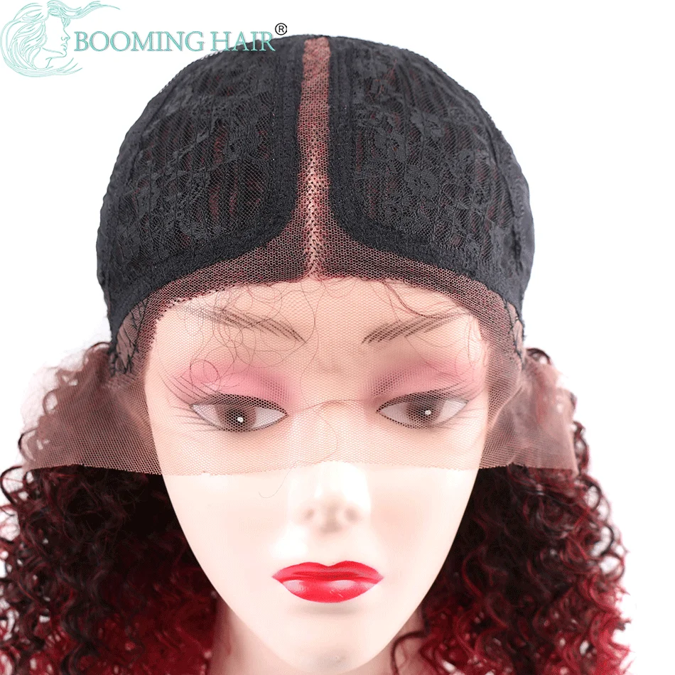 

Kinky Curly Lace Front Wigs Synthetic Glueless Afro Short Curly Bob Wig Ombre Red Black Brown 14" Middle T Part Wig Fake Hair