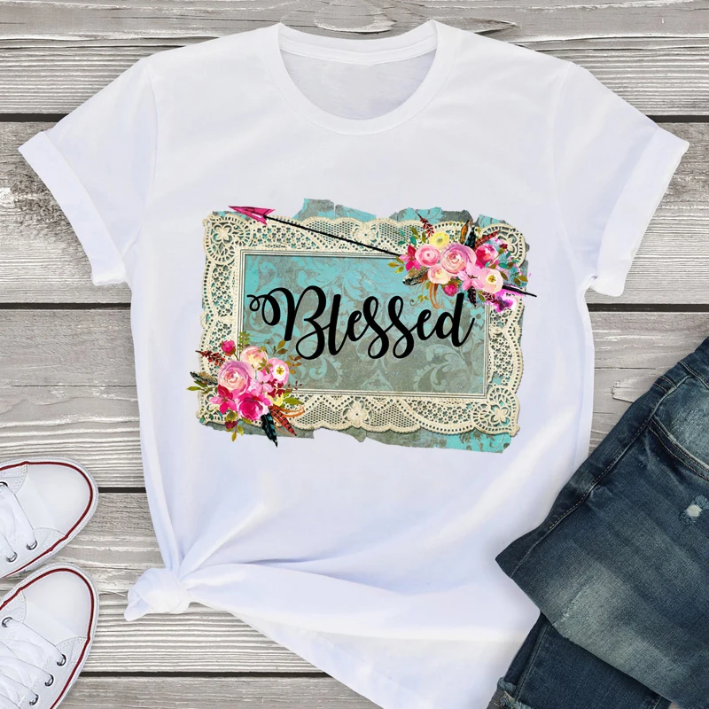 

Women Shirt Sweet Flower Arrow Letters Cute Print Short Sleeve Summer Lady WomensT-Shirt Shirt Tees Clothing Tops Lovely T Shirt