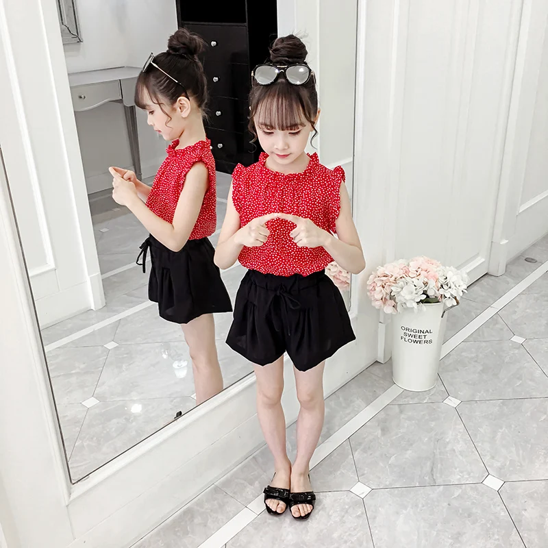 

2Pcs Summer Baby Girl Clothes New Lovely Red Sleeveless Top+Short 2pcs Outfits Kid Clothes Set 2-12Y